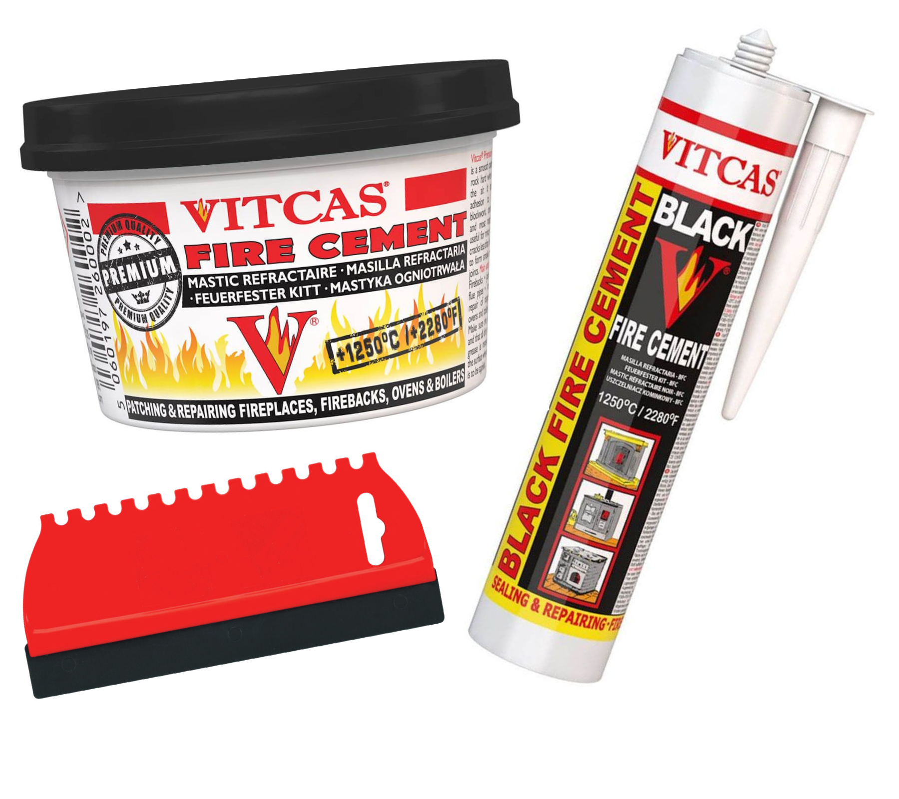 Fireplace Ready Mix Cement Bundle for Outdoor Use, Wood Burning Stoves & Fire Bricks, Includes Vitcas Black Fire Cement 500g + Vitcas Black Fire cement 310ml Tube + Applicator Grout Tool