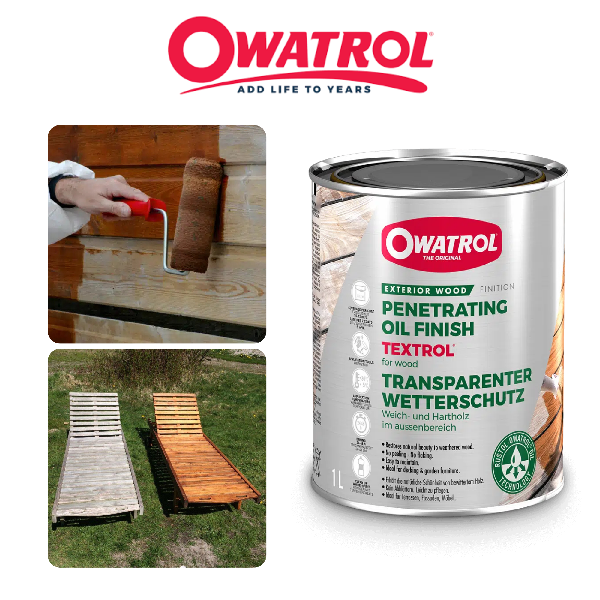 Owatrol Textrol Penetrating Oil Finish, Clear, 1L, Perfect for Exterior Wood