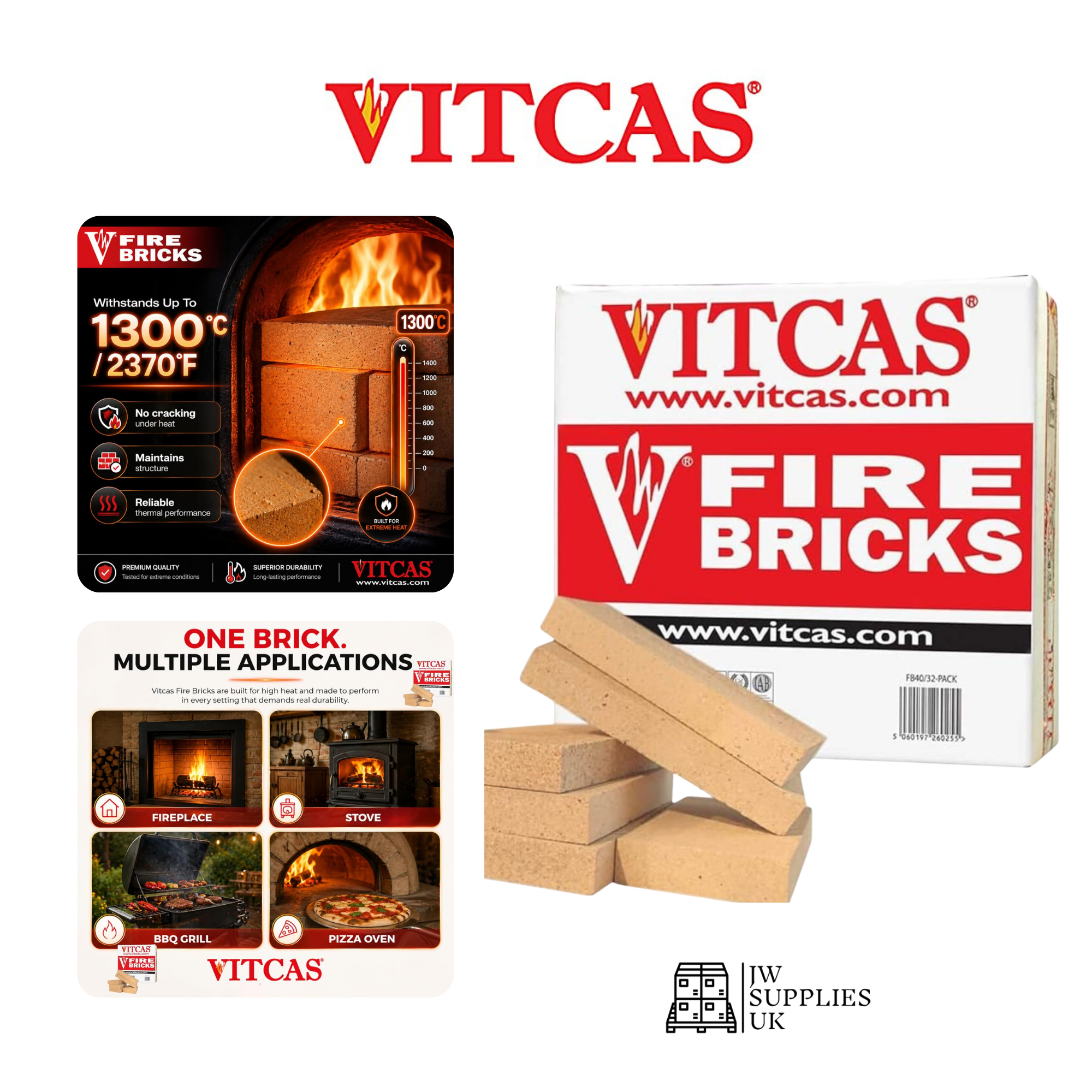 VITCAS Premium Fire Brick - Perfect For Stoves & Fireplaces - Up to 1300 degree Celsius - Replacement Box - Pack of 6